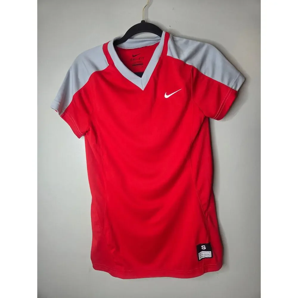 Nike Dri-FIT Women’s Small Red Gray V-Neck Short Sleeve Soccer Shirt